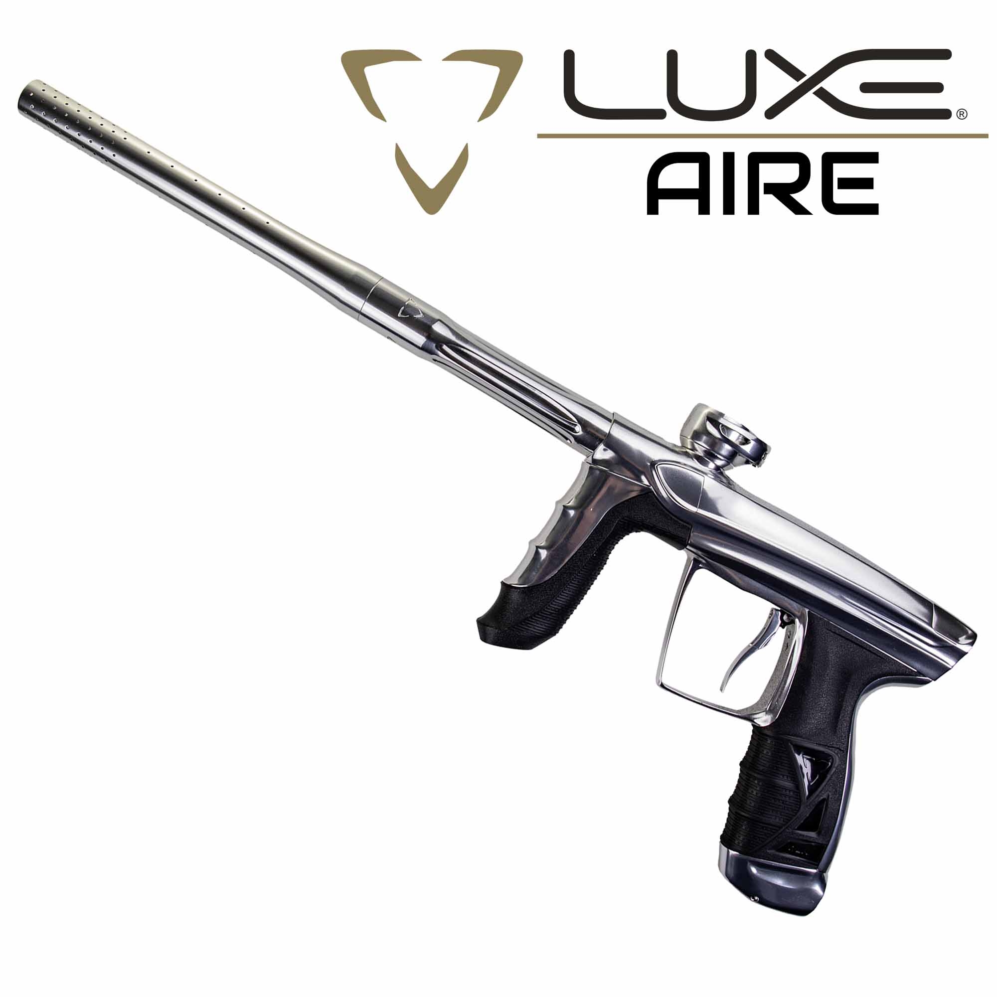 Paintball-Markierer, silberfarben, Metallgehäuse, schwarzer Griff, langer Lauf