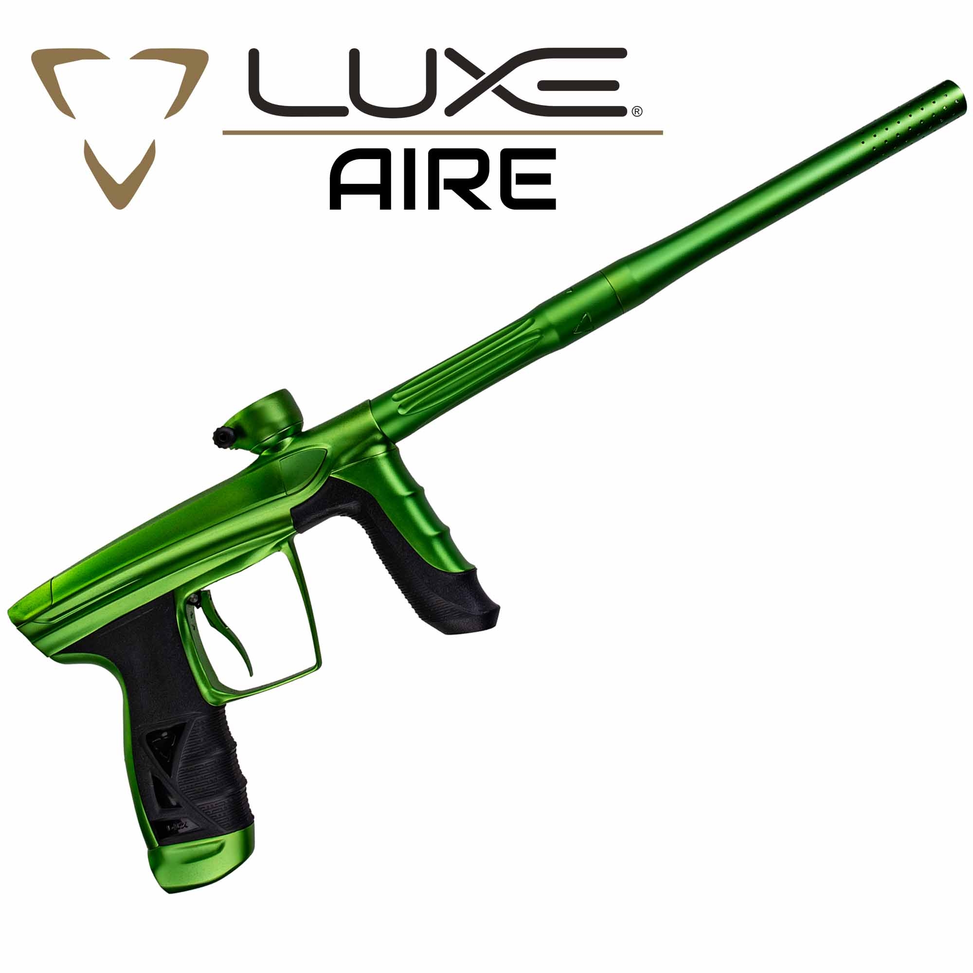DLX Luxe® AIRE marker, dust green Paintballgewehr, grün, langer Lauf, Pump-Action, schwarzer Griff