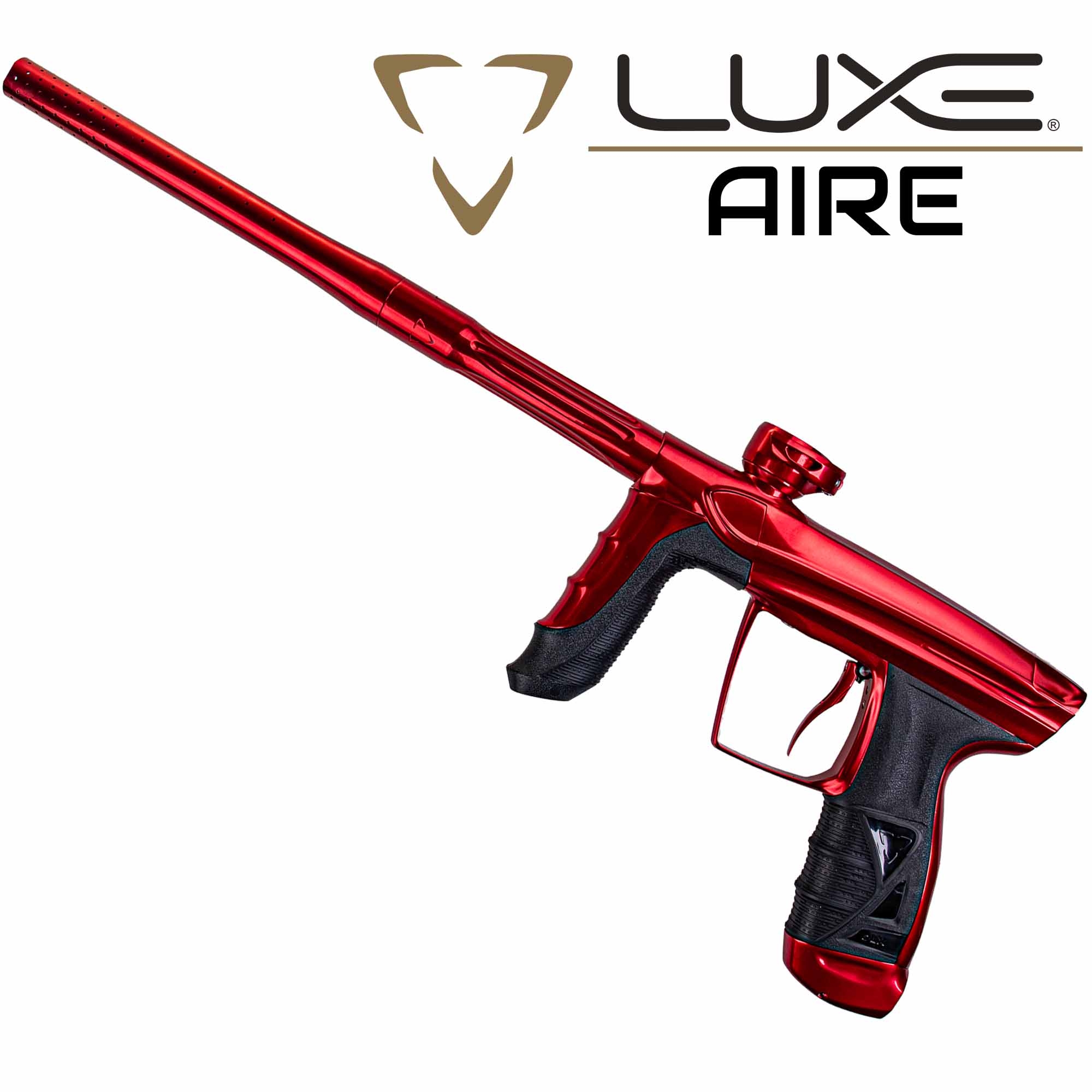 DLX Luxe® AIRE marker, polished red Paintball-Marker, Roter Paintball-Gewehr, Pistolengriff, langer Lauf, metallisch roter