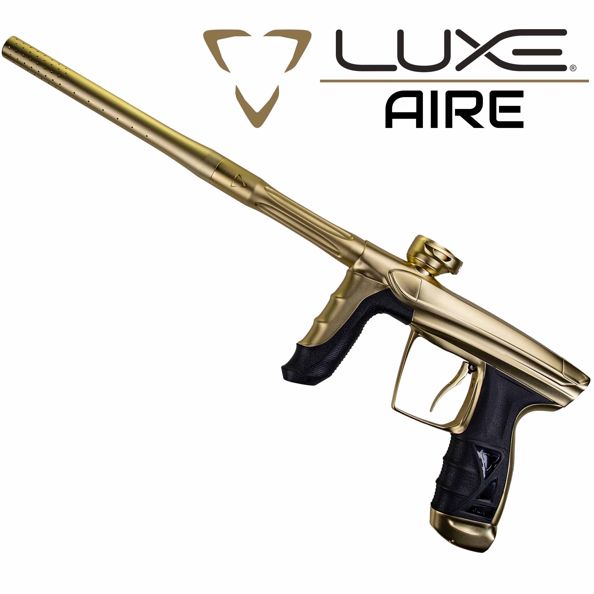 DLX Luxe® AIRE marker, dust gold Paintballgewehr, Goldfarbe, Pumpenaktion, Langer Lauf, Griffhand, paintball gun, gold color, pistol grip, barrel, air gun