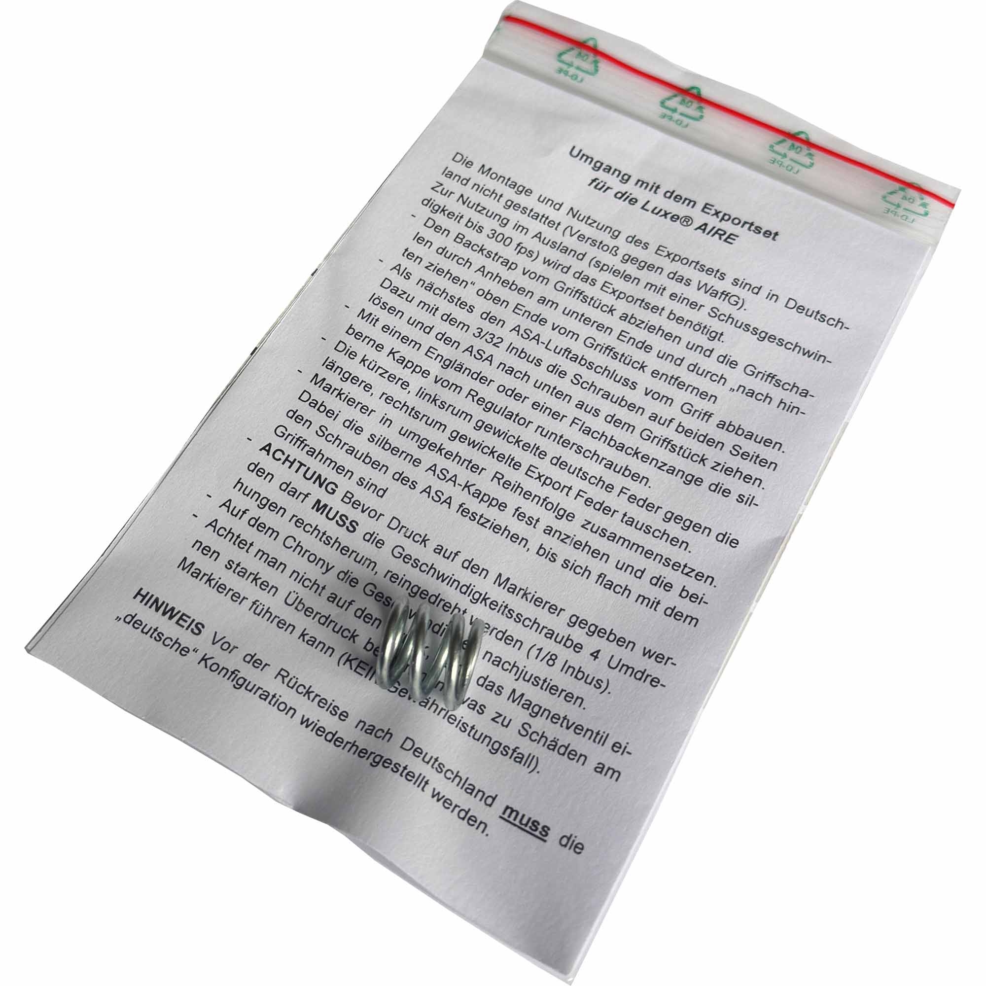 DLX Luxe AIRE Export Kit Schraubendübel, Spiraldraht, Beutel mit Erklärung, Kleinteile, Montageanleitung